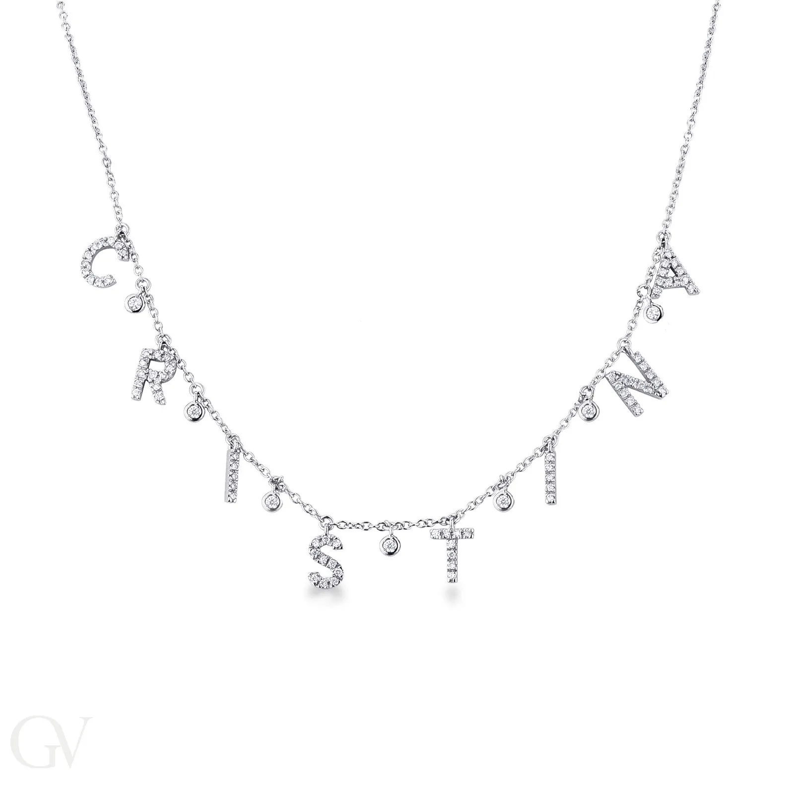Collana con scritta personalizzabile in oro Bianco 18k e diamanti, CRISTINA