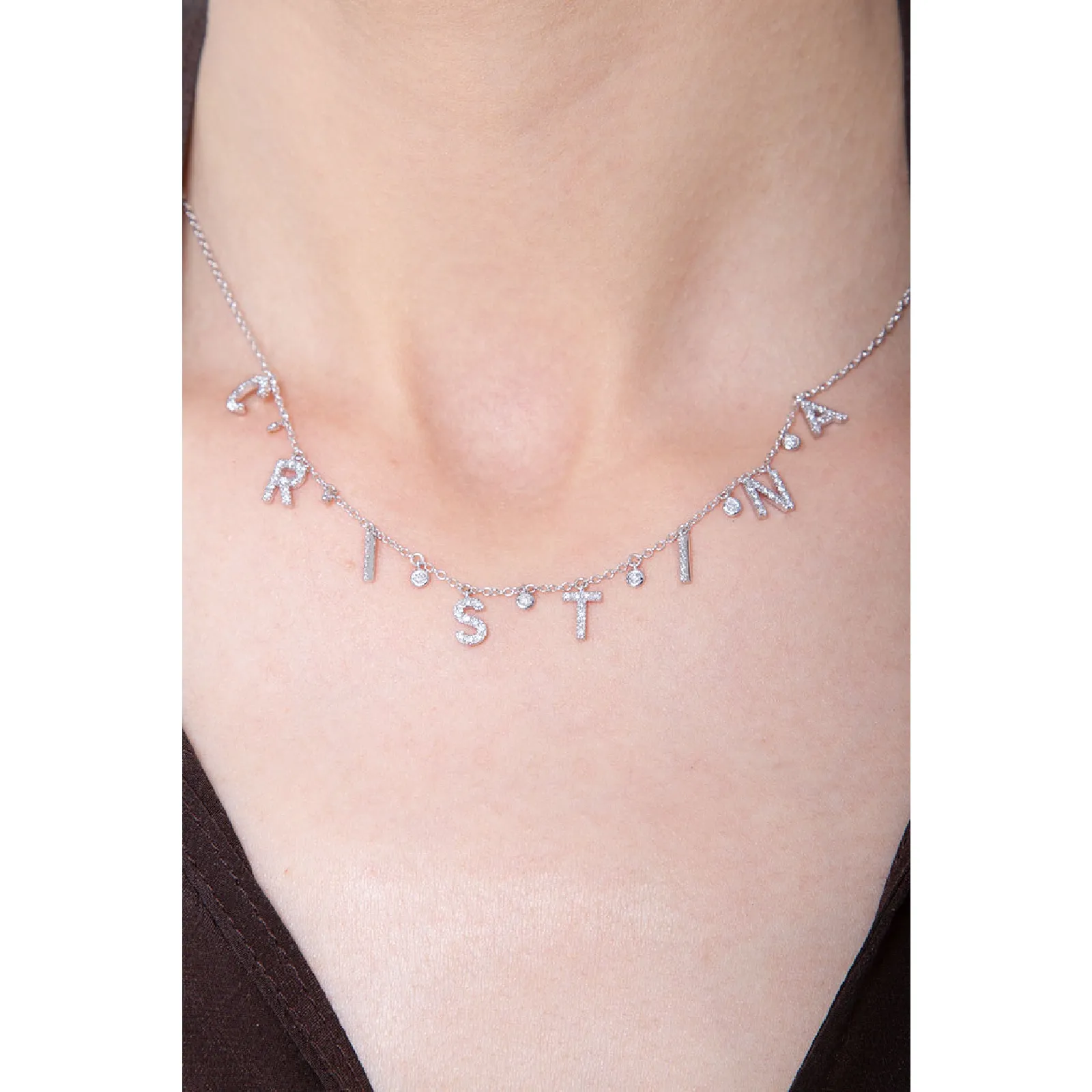 Collana con scritta personalizzabile in oro Bianco 18k e diamanti, CRISTINA