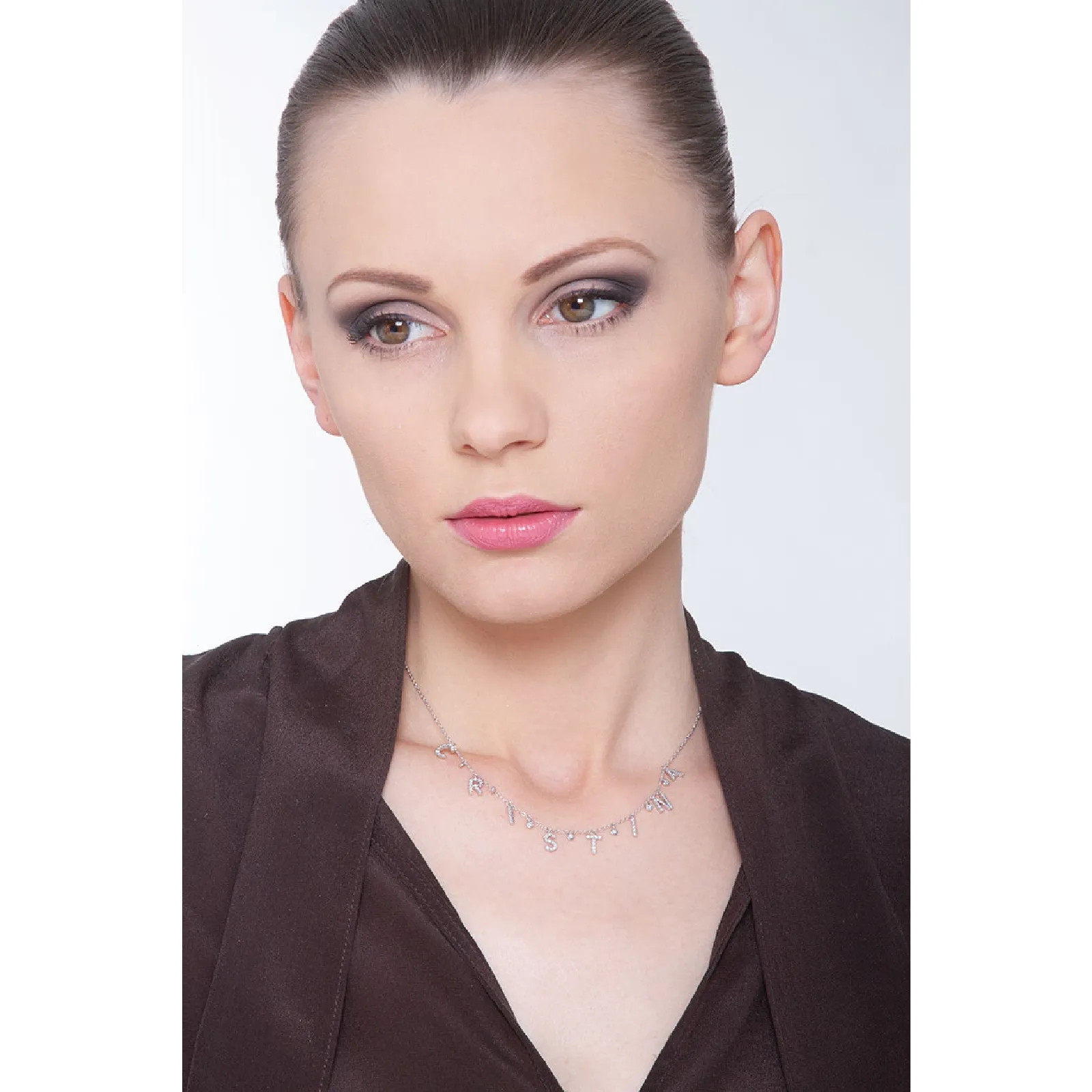 Collana con scritta personalizzabile in oro Bianco 18k e diamanti, CRISTINA